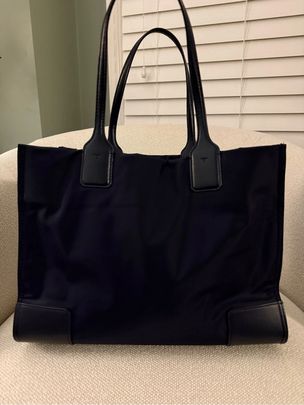 Tory Burch Small Navy Ella Tote with Leather Trim